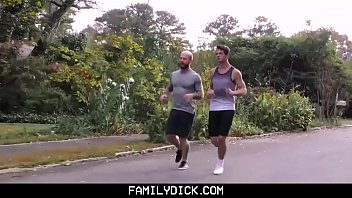 FamilyDick - Older tattooed muscle Stepdaddy coaches virgin stepson on thick cock