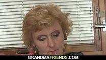 Old blonde riding and sucking at same time
