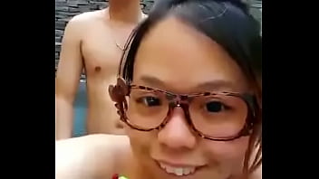 Newlyweds have sex in the open-air bath of the honeymoon hotel and enjoy themselves while having sex