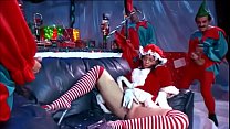 Scrumptious brunette classis chassis Daphne Rosen enjoys when three Christmas Elves squidge her with their tools