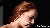 Spicy doll gets cumshot on her face eating all the jizm