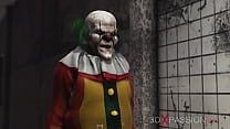 Evil clown plays with a sweet horny girl in an abandoned hospital