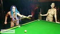 Two naked shameless sluts play billiards