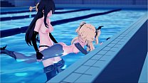 Genshin Impact - Beidou fode Fischl na piscina com uma pulseira.