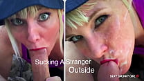 Une femme sournoise surprend un étranger en train de se masturber dans un parc puis suce sa bite: éjac faciale en plein air
