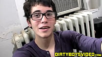 Twink wears sexy glasses while jerking off his thick cock