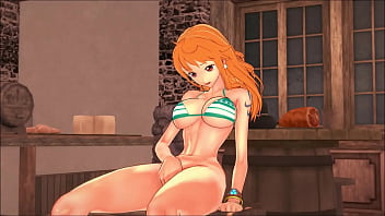 The cute pirate Nami fingers her pussy in a bar - One Piece Hentai.