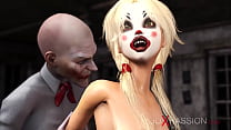 Мужчина в маске клоуна играет с милой сексуальной блондинкой в заброшенной комнате