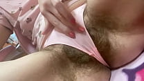 Super Hairy pussy girl makes her pantie dirty big clit masturbation
