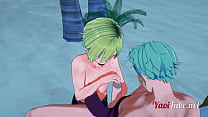 One Piece Yaoi - Zoro x Sanji Masturbação e Boquete em uma praia - anime Manga Gay