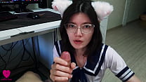 Cute chan with cat ears in a sexy suit was eager to satisfy her hunger with her senpai's sperm