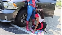 Spidey man  getting great blowjob outside