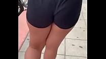 Naughty Hotwife in shorts walking and horn recording casual walk
