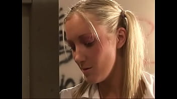 Young blonde with two ponytails puts her pussy under the elastic tongue of an excited male before getting fucked hard in the toilet room