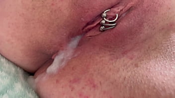 Fucking My Pierced Pussy with Two Cum on and Inside Creampie