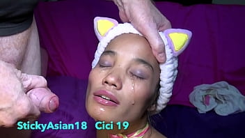 StickyAsian18 petite Cici wants to watch TV, but gets cock pushed in her mouth instead.