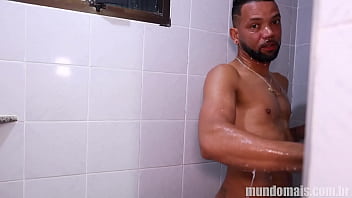 Guy caught taking a shower surprises with the size of the dick and the cum.