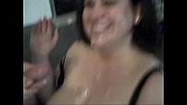 BBW gives blowjob. He squirts on her huge tits!
