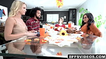 Best buddies Evelyn Payne, Alex Kane, and Summer Col with hot stud James Angel celebrate Friendsgiving by playing a naughty game until they get horny.