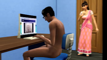 インドの継母は、コンピューターの前でポルノビデオを見ながら自慰行為をしているオタクの義理の息子を捕まえます || || アダルトビデオ || ポルノ映画