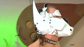 Two brunette chicks get double penetrated by three guys with dog masks