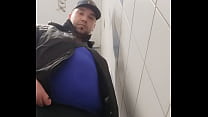 Chubby gay dildo play in public toilet