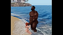 Rotschopf lutscht einem riesigen schwarzen Fußballspieler am Strand einen