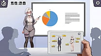 Silberhaarige Hentai-Dame benutzt einen Vibrator in einem öffentlichen Vortrag über neues Hentai-Gameplay
