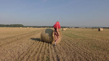 Bikini, hay rolls and field